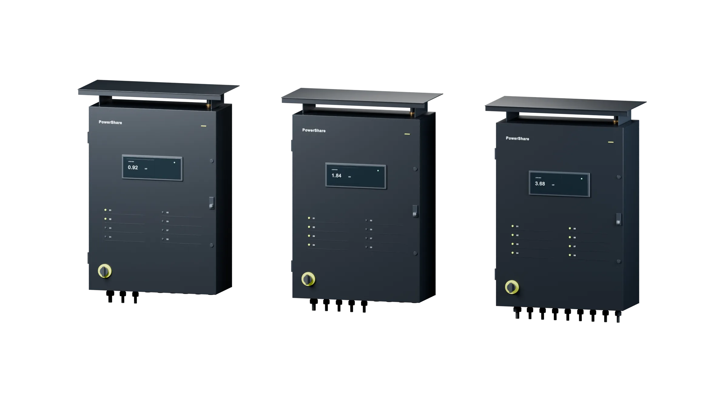 Three identical PowerShare cabinets with two, four and eight port lights on